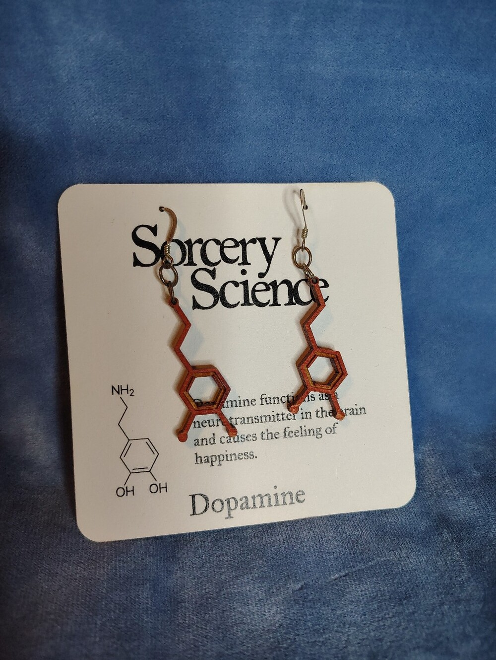 Sorcery Science Dopamine Molecule Dangle Earrings in Walnut 1.5" Long Fish Hook